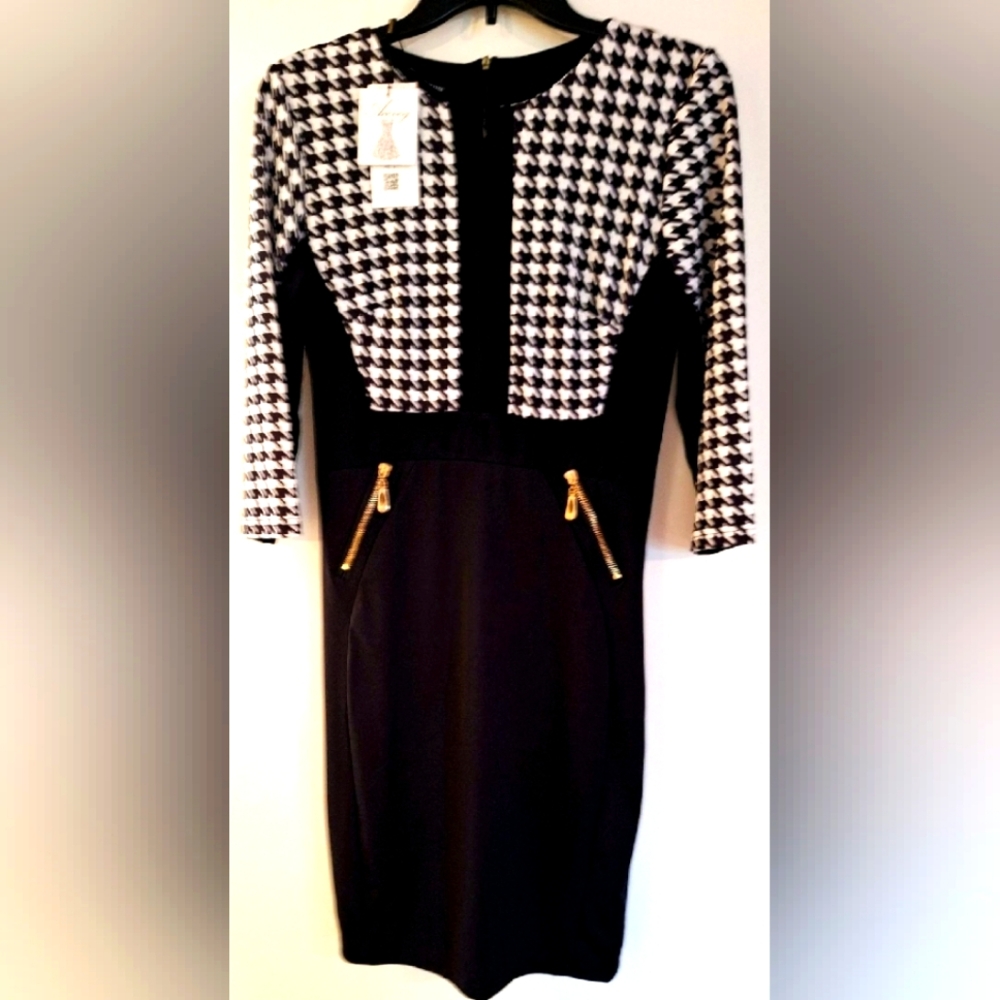 NEW BLACK AND WHITE HOUNDSTOOTH SHEATH DRESS